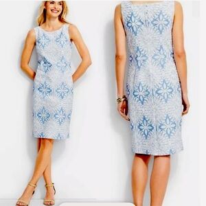 Talbots Floral Lace Medallion Sheath Dress Blue White Sleeveless Sz 10